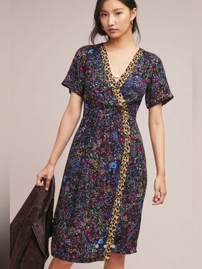 Anthropologie Maeve Morgan Wrap Dress in Black Pattern size 12